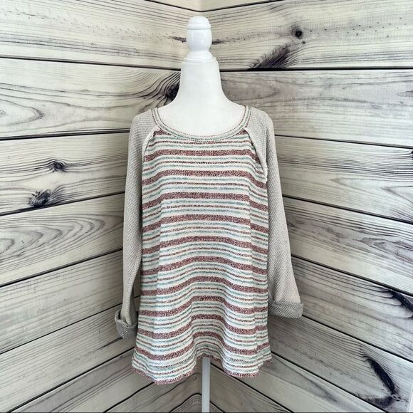 LUCKY Brand Boho Ivory Striped Fringe Detailed Cuffed Sleeve Sweater Large - Picture 1 of 6
